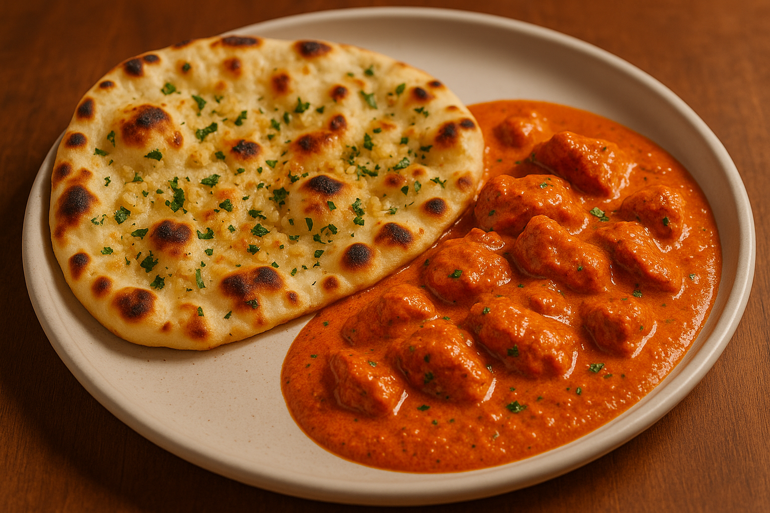 A fresh garlic naan paired with a side of dhal butter chicken