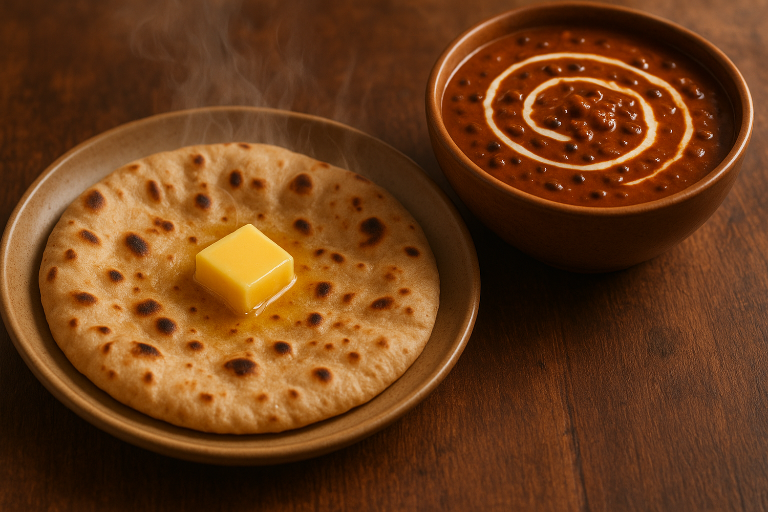 A fresh roti with a square of melting butter in the middle pair with a bown of dhal makhni