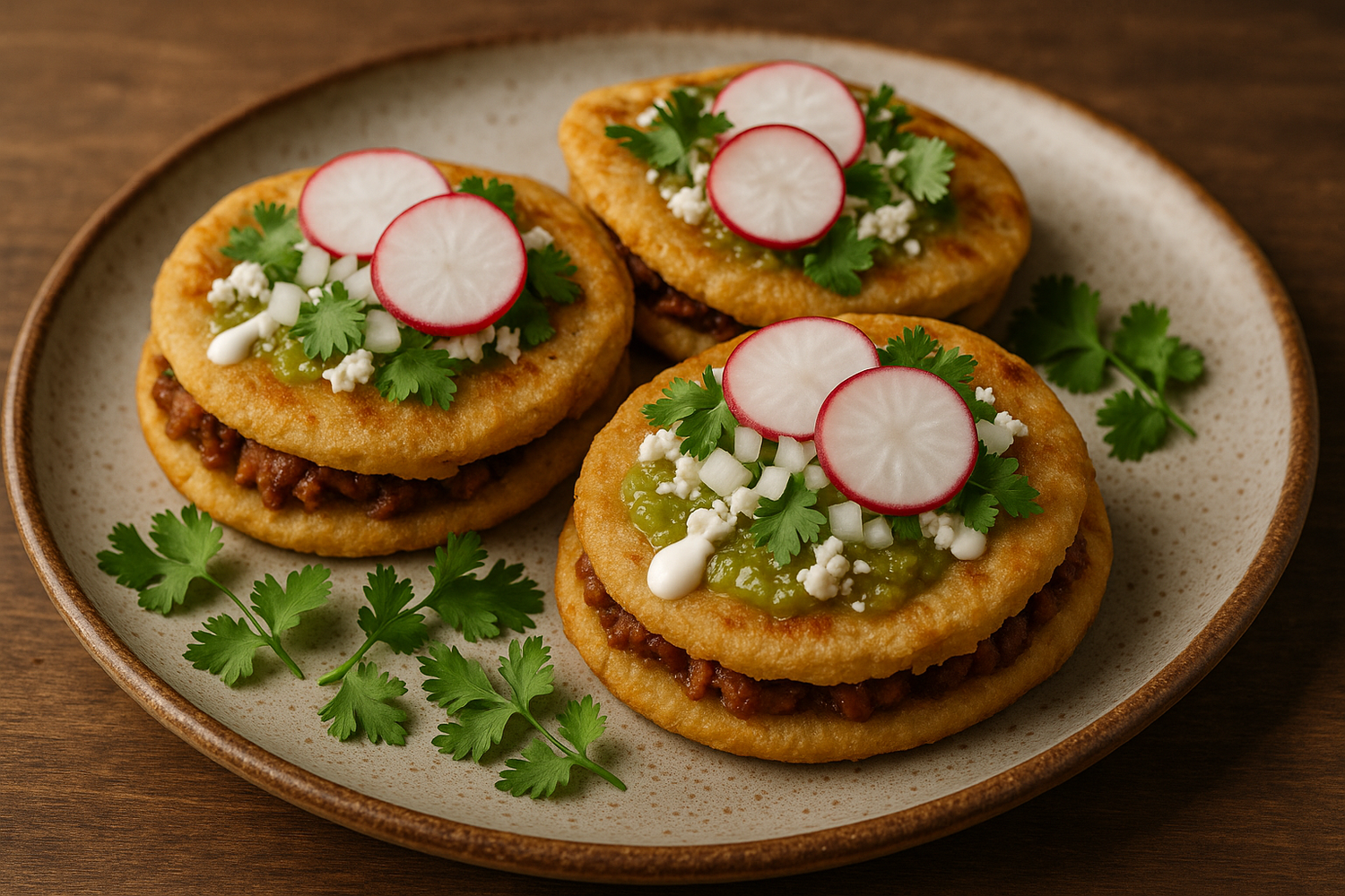 a plate of fresh gorditas topped with traditional toppings
