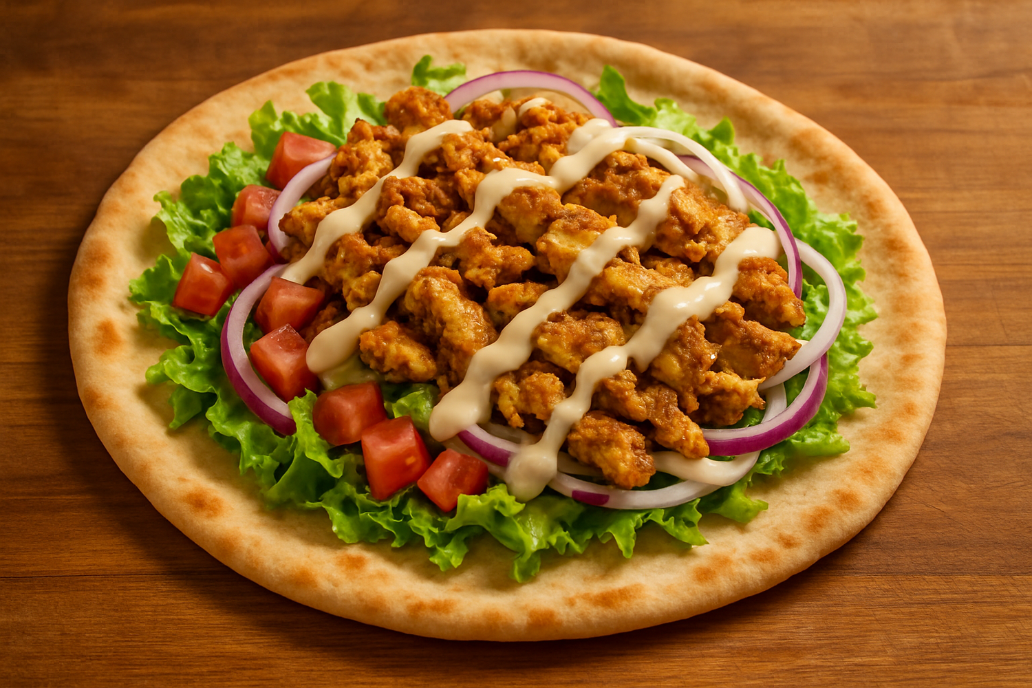 an image of a middle eastern pita bread with chicken shawarma toppings laying ontop of it ready to be folded