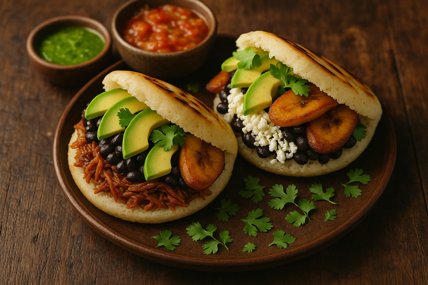 authentic arepas plated with traditional toppings