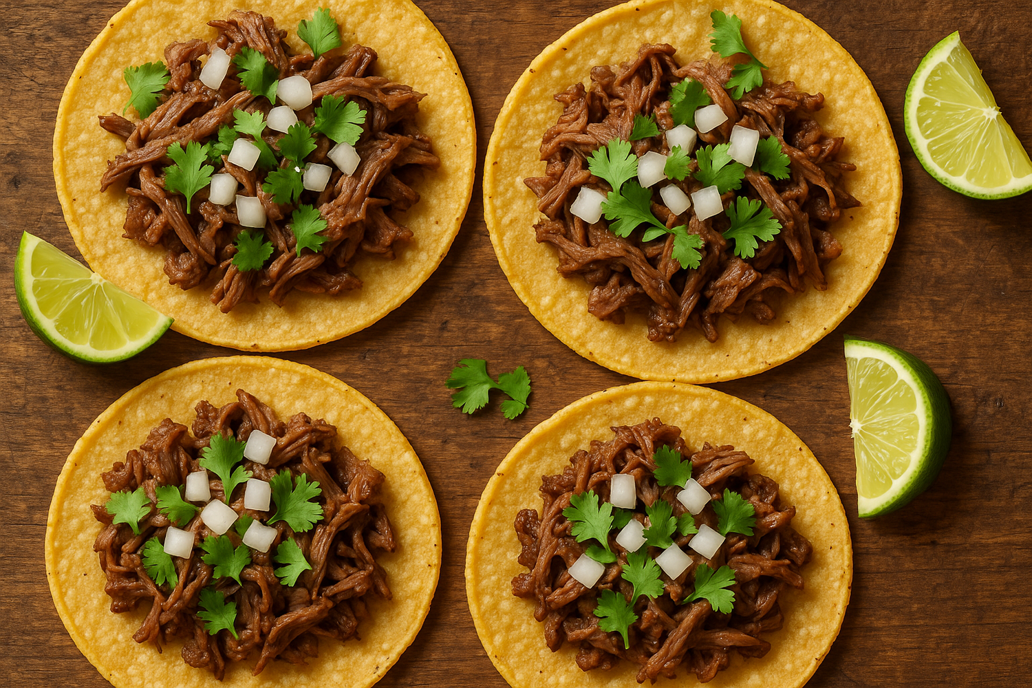 fresh corn tortillas topped with shredded beef, cilantro, onion and lime