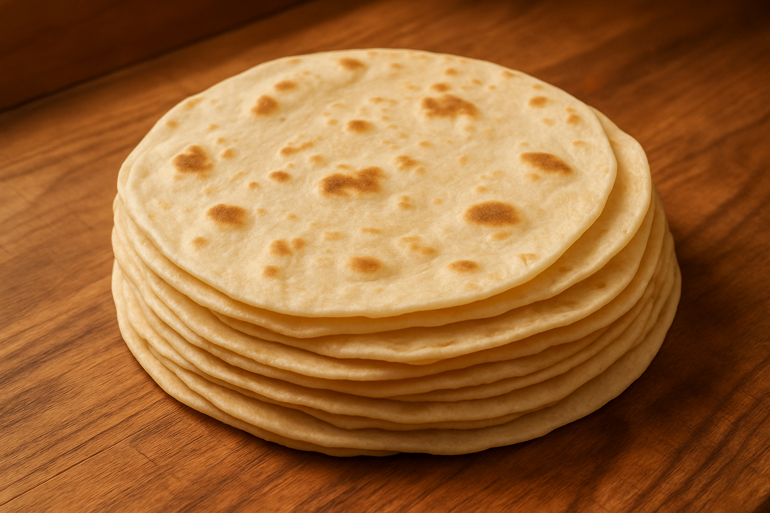 Generate an image of fresh flour tortillas on a wooden countertop