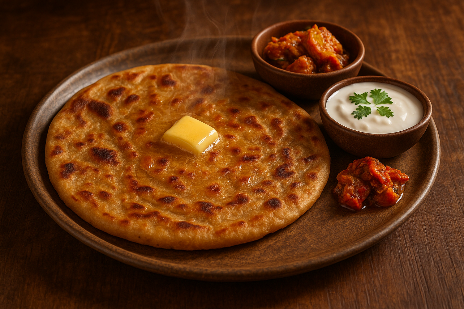 warm buttery aloo parata with a side of raita and achaar
