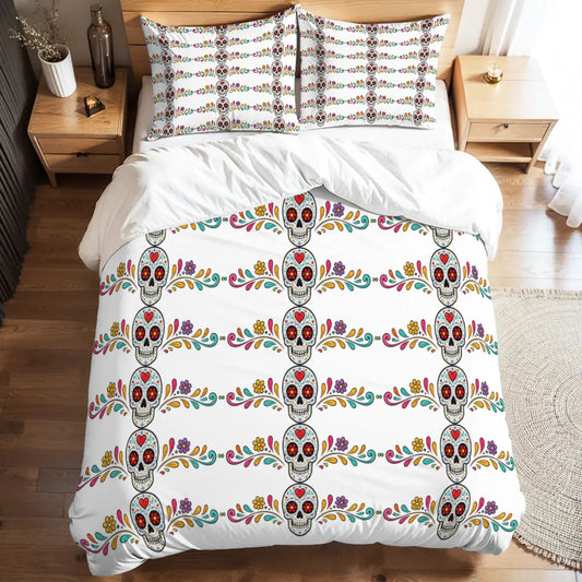 Vibrant Floral Skull Full Duvet Cover Set