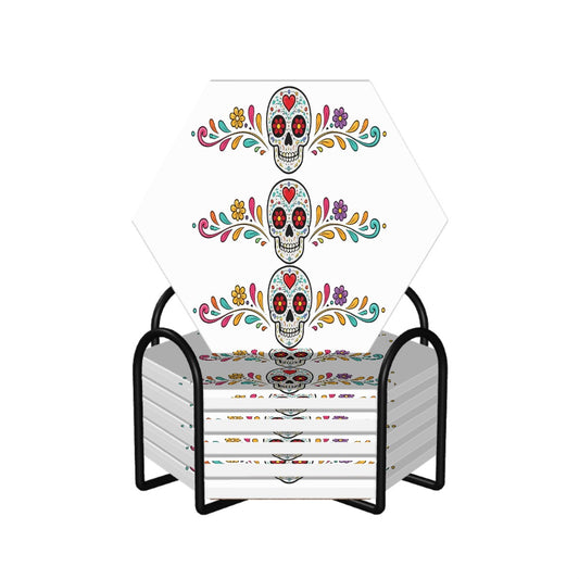 Vibrant Floral Skull Hexagon Ceramic Coasters Set of 6