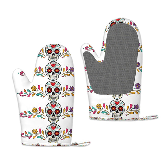 Vibrant Floral Skull Silicone Oven Mitts Heat Resistant Set