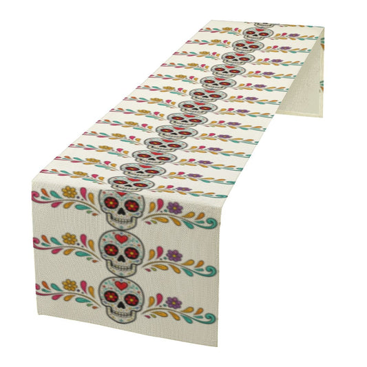 Vibrant Floral Skull Linen Table Runner