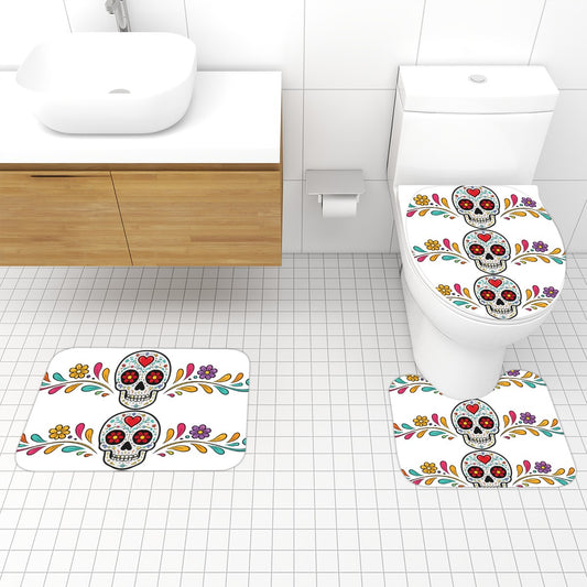 Vibrant Floral Skull Bathroom Rugs Set 3 pcs